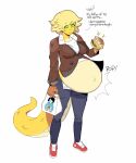  alien alien_humanoid animal_humanoid belly belly_expansion big_belly big_breasts blonde_hair bottomwear breasts clothing dialogue eating expansion female food footwear green_eyes green_sclera hair hi_res humanoid lewdlemage looking_down mangra_(lewdlemage) navel pants pregnant sandwich_(food) scalie scalie_humanoid shirt shoes simple_background solo sound_effects standing tail text topwear yellow_body 