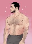  1boy bara beard black_hair character_request chest_hair closed_mouth copyright_request esaart facial_hair highres linea_alba male_focus muscular muscular_male pants pink_background pointy_ears short_hair solo 