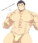  1boy abs bara blush bulge grin highres large_pectorals leoandaslan_(leobongnana) long_sideburns looking_at_viewer male_focus male_swimwear muscular muscular_male navel nipples one_eye_closed pectorals protagonist_3_(housamo) seductive_smile short_hair sideburns slingshot_swimsuit smile solo stomach striped_male_underwear strongman_waist swimsuit thick_eyebrows thick_thighs thighs tokyo_afterschool_summoners topless_male yellow_male_swimwear 
