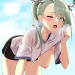  1girl antlers bent_over blush branch breasts ceres_fauna clothes_lift green_hair hanging_breasts highres hololive hololive_english large_breasts long_hair looking_at_viewer nipples no_bra one_breast_out one_eye_closed open_mouth outdoors shirt shirt_lift short_sleeves shorts solo steam sweat virtual_youtuber wet yellow_eyes yuyu5x 