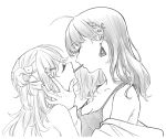  2girls ahoge barbell_piercing bare_shoulders bow braid breasts camisole closed_eyes ear_piercing earrings face-to-face food food_in_mouth french_braid from_side greyscale hair_bow hair_ornament hand_on_another&#039;s_cheek hand_on_another&#039;s_face height_difference highres igarashi_rika industrial_piercing jacket jewelry koshimizu_toru koshimizu_toru_(2nd_costume) long_hair medium_breasts mole mole_under_eye monochrome multiple_girls nijisanji off_shoulder piercing pocky pocky_in_mouth pocky_kiss shared_food spoon_(tamakakama) star_(symbol) star_hair_ornament triangle_earrings upper_body virtual_youtuber yuri 