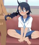  1boy 1girl barefoot blue_eyes blue_hair blue_sailor_collar blue_sky blue_socks blush clothed_female_nude_male feet full_body hair_between_eyes highres hodaka_natsumi houkago_teibou_nisshi indoors kere_domo large_penis legs looking_at_penis male_masturbation masturbation medium_hair miniskirt nude open_mouth out_of_frame penis penis_awe sailor_collar school_uniform shadow short_sleeves single_bare_leg single_sock sitting skirt sky smell sock_on_penis socks spread_toes steaming_body sweatdrop toes tomboy 