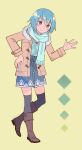  1girl argyle argyle_shirt artist_name blue_eyes blue_hair blue_scarf blue_shirt blue_skirt blue_thighhighs boots brown_footwear brown_jacket buttons closed_mouth denim denim_skirt fold-over_boots full_body hand_on_own_hip head_tilt heel_up highres hood hood_down hooded_jacket jacket lace-trimmed_skirt lace_trim long_sleeves magia_record:_mahou_shoujo_madoka_magica_gaiden mahou_shoujo_madoka_magica miki_sayaka miki_sayaka_(winter_costume) miniskirt official_alternate_costume paraholix scarf shirt short_hair simple_background skirt smile solo standing swept_bangs thighhighs thighhighs_under_boots toggles waving yellow_background 