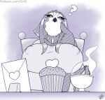  &lt;3 anthro avian beak beverage big_breasts bird breasts clothed clothing container cup cupcake demon digital_media_(artwork) drxii feathers female food furniture hair hi_res holidays low-angle_view nipple_outline non-mammal_breasts owl simple_background solo tea valentine&#039;s_day 