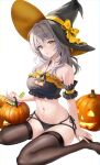  1girl absurdres alternate_costume bare_shoulders breasts cleavage cleavage_cutout clothing_cutout grey_hair hair_between_eyes halloween_bucket halloween_costume hat highres honkai:_star_rail honkai_(series) kneeling looking_at_viewer medium_breasts medium_hair mungmung navel panties parted_lips pumpkin stelle_(honkai:_star_rail) stomach string_panties thighhighs thighs trailblazer_(honkai:_star_rail) underwear witch_hat yellow_eyes 