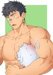  2boys absurdres bara black_hair blue_hair blush brown_eyes crave_saga earrings gae_bolg_(crave_saga) highres jewelry large_pectorals looking_at_another male_focus multicolored_hair multiple_boys muscular muscular_male open_mouth pectorals ryotaro_810 scar scar_on_cheek scar_on_face short_hair simple_background translation_request two-tone_hair upper_body yaoi 