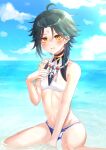  1boy absurdres arm_tattoo beach crossdressing fang feminization genshin_impact green_hair highres kyooami male_focus midriff multicolored_hair navel ocean open_mouth otoko_no_ko short_hair solo stomach swimsuit tattoo thighs xiao_(genshin_impact) yellow_eyes 