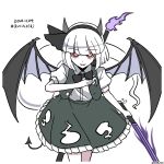  1girl :d bat_wings black_bow black_bowtie black_hairband black_skirt black_vest bow bowtie bright_pupils collared_shirt commentary dated demon_girl demon_tail demon_wings frilled_skirt frills ghost hairband highres holding holding_sword holding_weapon horns hoshii_1213 konpaku_youmu konpaku_youmu_(ghost) open_mouth red_eyes shirt short_hair simple_background skirt smile solo sword sword_behind_back tail touhou twitter_username vest weapon white_background white_hair white_pupils white_shirt wings 