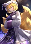  1girl absurdres animal_ears blonde_hair breasts dark_background dress fox_ears fox_girl fox_tail frilled_dress frills hands_in_opposite_sleeves hat highres long_sleeves looking_at_viewer mob_cap multiple_tails rinkaito1231 solo standing tabard tail touhou white_dress wide_sleeves yakumo_ran yellow_eyes 