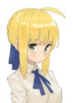  1girl ahoge artoria_pendragon_(fate) blonde_hair blue_ribbon blush collared_shirt commentary fate/stay_night fate_(series) green_eyes hair_ribbon highres looking_at_viewer neck_ribbon ribbon saber shirt sidelocks simple_background solo sweatdrop tenoo12 white_background white_shirt 