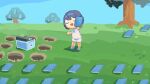  1girl animal_crossing animal_crossing_(style) aoi_kaitai_shinsho_(cevio) artist_self-insert belt blue_belt blue_footwear blue_hair blue_hairband blue_ribbon blue_sky book cevio chibi closed_eyes creature cyclops day facing_viewer fish_tank grass hairband holding holding_book hole horizon looking_at_viewer neck_ribbon one-eyed open_mouth outdoors outstretched_arm parody ribbon shirt shoes short_hair short_shorts short_sleeves shorts sky slime_(creature) smile solo standing style_parody suzuki_tsudumi tree umya white_shirt white_shorts wide_shot 