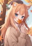  1girl alternate_costume animal_ears autumn autumn_leaves beret blue_archive blue_eyes blush brown_headwear brown_jacket flower guri_(gri1211) hair_flower hair_ornament hat highres holding holding_leaf jacket leaf long_hair long_sleeves looking_at_viewer maple_leaf mari_(blue_archive) orange_hair signature solo sweater upper_body white_flower white_sweater 