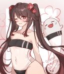  1girl alternate_costume artist_name blush boo_tao_(genshin_impact) breasts brown_eyes brown_hair chikenryice closed_mouth flower flower-shaped_pupils genshin_impact gris_swimsuit hair_between_eyes hair_flower hair_ornament highres hu_tao_(genshin_impact) long_hair looking_at_viewer meme_attire navel see-through see-through_swimsuit small_breasts smile stomach strapless strapless_one-piece_swimsuit swimsuit symbol-shaped_pupils twintails 