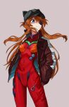  1girl animal_hat black_headwear blue_eyes bodysuit brown_jacket closed_mouth commentary_request cowboy_shot evangelion:_3.0_you_can_(not)_redo expressionless eyepatch grey_background hand_in_pocket hat highres jacket long_hair looking_away mandei_(nao_1234567) neon_genesis_evangelion open_clothes open_jacket orange_hair pilot_suit plugsuit rebuild_of_evangelion red_bodysuit simple_background skin_tight solo souryuu_asuka_langley split_mouth 