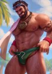  1boy abs arm_hair armpit_hair armpit_hair_peek bara beard black_hair bulge chest_hair day drawller erection erection_under_clothes facial_hair feet_out_of_frame from_below graves_(league_of_legends) green_male_swimwear grin hairy highres jewelry large_pectorals league_of_legends leg_hair male_focus male_swimwear male_swimwear_pull mature_male medal muscular muscular_male mustache navel navel_hair necklace nipples outdoors palm_tree pectorals penis penis_peek pool_party_graves short_hair sky smile solo stomach sunglasses thick_mustache thick_thighs thighs topless_male towel_on_one_shoulder tree 