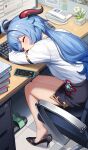  1girl absurdres ahoge alternate_costume arm_rest bare_legs barefoot blue_hair book book_stack cellphone chair chlgo08 closed_eyes computer desk error_message ganyu_(genshin_impact) genshin_impact goat_horns head_rest high_heels highres horns incoming_call keyboard_(computer) low_ponytail monitor office_chair office_lady pencil_skirt phone plant potted_plant qingxin_flower sandals shirt shirt_tucked_in sitting skirt sleeping sleeping_on_desk smartphone solo sticky_note swivel_chair thighs tile_floor tiles tiptoes vision_(genshin_impact) white_shirt 