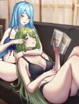  2girls 3_small_spiders absurdres bare_shoulders black_bra black_panties blue_bra blue_hair blue_panties blush book bra breasts cleavage collarbone feet_out_of_frame finger_to_cheek girls&#039;_frontline grey_hair hair_ornament hairclip hand_on_own_stomach highres holding holding_book long_hair looking_at_another m249_saw_(girls&#039;_frontline) medium_breasts mk48_(girls&#039;_frontline) multiple_girls navel open_mouth panties red_eyes sidelocks sitting thighs underwear very_long_hair yellow_eyes 