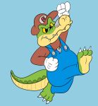  2023 3_toes 4_fingers alligator alligatorid anthro biped blue_background brok_(character) brok_the_investigator clothing cosplay crocodilian feet fingers green_body hat headgear headwear hi_res humanoid_hands jolly_the_lizard jollyville mario mario_bros nintendo overalls reptile scalie simple_background slightly_chubby solo toes 