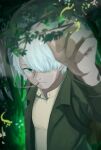  1boy branch cigarette closed_mouth fingernails forest ginko green_eyes green_jacket hair_over_one_eye highres jacket male_focus mouth_hold mushi_(mushishi) mushishi nature nostrils reaching seiranopocket shirt short_hair smoking tree upper_body white_hair white_shirt 