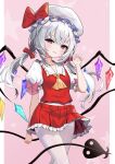  1girl absurdres ascot azur_lane bow breasts chinese_commentary collarbone collared_shirt commentary_request cosplay cowboy_shot crystal flandre_(azur_lane) flandre_scarlet flandre_scarlet_(cosplay) frilled_shirt_collar frilled_sleeves frills hair_between_eyes hair_bow hair_ornament hand_up hat hat_ribbon head_tilt highres laevatein_(touhou) long_hair looking_at_viewer low_twintails mob_cap name_connection niballl pantyhose parted_lips pleated_skirt puffy_short_sleeves puffy_sleeves purple_eyes red_skirt red_vest ribbon shirt short_sleeves sidelocks skirt skirt_set small_breasts smile solo standing starry_background tail thighband_pantyhose touhou twintails vest white_hair white_headwear white_pantyhose white_shirt wings yellow_ascot 
