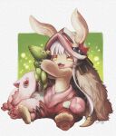  2018 4_toes baggy_pants biped cute_fangs digital_media_(artwork) feet female hair ikeya_ll00l made_in_abyss nanachi narehate open_mouth pawpads plushie semi-anthro simple_background sitting solo toes tongue white_hair yellow_eyes 