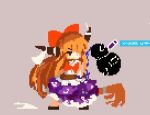  1girl belt black_footwear blouse blush bow brown_belt chain gourd hair_bow holding holding_chain horn_ornament horn_ribbon horns ibuki_suika ling_os87 long_hair long_skirt low-tied_long_hair oni oni_horns orange_eyes orange_hair pixel_art purple_skirt red_bow ribbon shirt shoes sidelocks skirt sleeveless sleeveless_shirt touhou very_long_hair white_ribbon white_shirt 