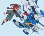  1girl aqua_eyes asticassia_school_uniform black_footwear black_hairband boots dou_(mame_eee) floating green_eyes green_jacket green_shorts grey_background gundam gundam_aerial gundam_suisei_no_majo hair_between_eyes hairband highres jacket long_hair long_sleeves low-tied_long_hair mecha mobile_suit outstretched_arms red_hair robot school_uniform science_fiction shorts simple_background smile spread_arms suletta_mercury thick_eyebrows upside-down v-fin wide_sleeves 