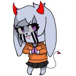  2023 absurd_res ambiguous_gender anthro bottomwear canid canine chibi clasped_hands clothing facial_markings fake_devil_horns fangs fur grey_body grey_fur head_markings hi_res hoodie mammal markings paws purple_eyes renv scheming skirt solo spade_tail tail teeth topwear 