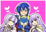  1boy 2girls blue_hair brother_and_sister cape circlet dress dual_persona fire_emblem fire_emblem:_genealogy_of_the_holy_war holding holding_another&#039;s_arm julia_(crusader_of_light)_(fire_emblem) julia_(fire_emblem) long_hair multiple_girls purple_cape purple_eyes purple_hair seliph_(fire_emblem) siblings simple_background yukia_(firstaid0) 