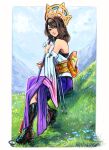  1girl absurdres black_footwear blue_eyes blue_sky boots border brown_hair detached_sleeves english_commentary final_fantasy final_fantasy_x grass green_eyes hakama hakama_skirt heterochromia highres holding holding_scepter japanese_clothes medium_hair mountain obi on_grass parted_bangs purple_hakama sash scepter sitting skirt sky smile solo swept_bangs tassel white_border xriviia yuna_(ff10) 