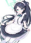  1girl absurdly_long_hair apron aqua_ribbon aris_(blue_archive) aris_(maid)_(blue_archive) black_dress black_hair black_wristband blue_archive blue_hair collared_dress dress frilled_apron frills gradient_hair green_halo halo highres kinakon long_hair looking_at_viewer maid maid_apron maid_headdress multicolored_hair neck_ribbon official_alternate_costume pantyhose parted_bangs ponytail puffy_short_sleeves puffy_sleeves ribbon ringed_eyes short_sleeves smile solo standing very_long_hair white_apron white_pantyhose 