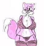  anthro blush breasts canid canine clothed clothing ear_piercing female fox fur mammal nirezii panties piercing simple_background smile solo tail underwear 