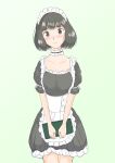  1girl absurdres apron black_eyes black_hair blunt_bangs blush breasts commentary highres kimi_kiss kiyomaru_(kiyo1357) looking_at_viewer maid maid_apron maid_headdress nervous school_uniform shijou_mitsuki short_hair short_sleeves simple_background smile solo standing 