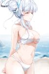  1girl absurdres bare_shoulders bikini blue_archive blush breasts cleavage closed_eyes closed_mouth hair_bun halo highres large_breasts long_hair looking_at_viewer navel noa_(blue_archive) smile solo sstthei swimsuit thighs wet white_bikini 