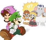  &gt;_&lt; 2girls 3boys ^^^ barefoot black_dress blonde_hair blue_eyes blue_toad_(mario) blue_vest blush blush_stickers brown_footwear brown_hair bubble_mario closed_eyes crown dress earrings elephant_blue_toad_(mario) facial_hair fire_daisy flower_earrings frilled_dress frills gloves green_eyes green_headwear hat highres jewelry long_hair long_sleeves looking_at_another luigi mario mario_(series) mimimi_(mimimim9999) multiple_boys multiple_girls mustache new_super_mario_bros._u_deluxe open_mouth overalls parted_bangs pink_headwear princess_daisy princess_peach puffy_short_sleeves puffy_sleeves red_overalls shirt shoes short_hair short_sleeves simple_background smile standing super_mario_bros._wonder sweatdrop tongue vest white_background white_dress white_gloves 