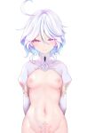  1girl ahoge arms_behind_back blue_hair blush bottomless breasts closed_mouth furina_(genshin_impact) genshin_impact hair_between_eyes highres long_hair looking_at_viewer medium_breasts multicolored_hair navel nikuku_(kazedesune) nipples out-of-frame_censoring pubic_tattoo purple_eyes simple_background smile solo tattoo tears two-tone_hair white_background white_hair 