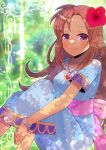  1girl bangle blue_dress blurry blurry_background blush bow bracelet breasts brown_eyes brown_hair closed_mouth commentary_request depth_of_field dress feet_out_of_frame flower forehead hair_flower hair_ornament jewelry knees_up kou_hiyoyo long_hair looking_at_viewer marin_(the_legend_of_zelda) medium_breasts pink_bow red_flower short_sleeves sitting smile solo the_legend_of_zelda the_legend_of_zelda:_link&#039;s_awakening very_long_hair 