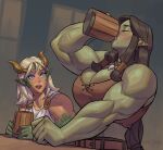  2girls absurdres belt belt_buckle blue_eyes blush brown_hair buckle closed_eyes colored_skin commentary cup drinking english_commentary female_orc fraeya_(m4rjinn) green_skin highres horns long_hair looking_at_another m4rjinn medium_hair mug multiple_girls muscular muscular_female open_mouth orc original pointy_ears scales slit_pupils teeth tongue tusks 