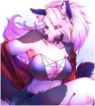  2023 anthro artist_name breasts canid canid_demon clothed clothing collar demon ear_piercing eyebrow_piercing eyebrows eyelashes facial_piercing female hair hellhound helluva_boss hi_res inner_ear_fluff licking licking_lips licking_own_lips long_hair looking_at_viewer loona_(helluva_boss) mammal myoniis notched_ear piercing red_sclera shoulder_tuft silver_hair solo spiked_collar spikes tail tongue tongue_out tuft white_eyes 