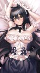  1girl absurdres arms_up azur_lane black_hair black_skirt breasts choker frilled_choker frills green_eyes hair_between_eyes highres indomitable_(azur_lane) indomitable_(ms._motivationless_maid)_(azur_lane) large_breasts long_hair looking_at_viewer lying maid maid_headdress official_alternate_costume on_back pleated_skirt seele0907 skirt solo very_long_hair 