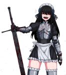  1girl apron armor bandage_on_face bandages black_hair blood blood_on_clothes blood_on_face breastplate closed_eyes fingerless_gloves formicid gloves greatsword highres maid maid_apron maid_headdress miniskirt open_mouth original skirt sword thighhighs weapon white_background 