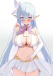  1girl absurdres albion_(azur_lane) azur_lane bare_hips blush breasts cleavage highres implied_pregnancy jewelry large_breasts looking_at_viewer pointy_ears pregnancy_test revealing_clothes ring solo wedding_ring yumemin_(yumemi5140) 