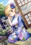  1girl blonde_hair blue_flower blue_kimono blush breasts closed_mouth cover_image day dutch_angle floral_print flower green_eyes hair_flower hair_ornament hand_up head_tilt highres japanese_clothes kimono kuria_(clear_trip_second) long_sleeves looking_at_viewer medium_breasts novel_illustration obi official_art omiai_shitakunakatta_no_de_murinandai_na_jouken_o_tsuketara_doukyuusei_ga_kita_ken_ni_tsuite print_kimono purple_flower sash second-party_source seiza sitting smile solo tatami textless_version white_flower wide_sleeves yukishiro_arisa 