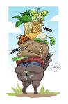  anthro asinus big_butt bottomwear bulge butt carrying clothing dialogue donkey drakthug elemental_creature elemental_humanoid english_text equid equine flora_fauna food hi_res huge_butt humanoid looking_back male mammal mula_(drakthug) open_mouth plant plant_humanoid potato rear_view shorts speech_bubble talking_to_viewer text thick_thighs vegetable 