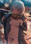  1girl aumann bikini blue_eyes blurry blurry_background blush breasts breath coat embarrassed grey_hair highres jacket looking_to_the_side navel open_clothes open_jacket original outdoors plaid plaid_scarf public_indecency scarf short_hair side-tie_bikini_bottom small_breasts snow snowing string_bikini swimsuit trench_coat white_bikini 