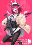  1girl artist_name blue_eyes check_weapon dated dress english_text gun heterochromia highres hiroki_ree hololive irys_(hololive) jacket looking_at_viewer pink_background pink_eyes red_nails scope shirt sig_mpx smile solo sparkle submachine_gun thighs trigger_discipline waving weapon white_dress white_headwear white_shirt yellow_jacket 