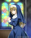  1girl blonde_hair blush company_name cross cross_necklace green_eyes habit indoors interlocked_fingers jewelry long_sleeves looking_at_viewer necklace nun official_art own_hands_together parted_lips peropero_saimin solo stained_glass standing watermark window yajou_hirarin 