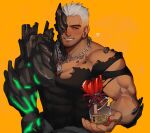  1boy absurdres alex_(cerealex) artist_name bara black_shirt candy chain_necklace chocolate dislyte english_commentary food gift happy_valentine heart heart-shaped_chocolate highres holding holding_chocolate holding_food holding_gift jewelry large_pectorals looking_at_viewer muscular muscular_male necklace nick_(magni)_(dislyte) one_eye_covered pectorals shirt smile torn_clothes valentine white_hair 