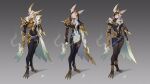  1girl animal_ears armor armored_gloves black_pantyhose breasts broken_covenant_xayah citemer closed_mouth concept_art feathers full_body green_eyes grey_background hair_over_one_eye highres holding holding_feather holding_weapon league_of_legends long_hair looking_at_viewer medium_breasts multiple_views pantyhose shoulder_armor simple_background solo standing weapon white_hair xayah yellow_eyes 