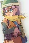  1girl belt blue_eyes chrono_trigger dated eggru glasses gun helmet holding holding_weapon lucca_ashtear open_mouth purple_hair scarf short_hair simple_background solo weapon white_background 